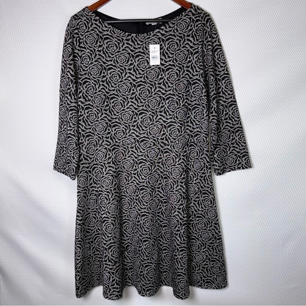 NWT LOFT Outlet Black & White Rose Pattern with Metallic Silver Dress Sz 14